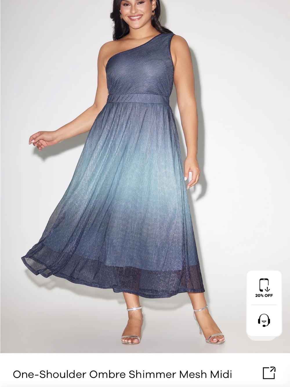 One-Shoulder Ombre Shimmer Mesh Midi Dress - Blue
